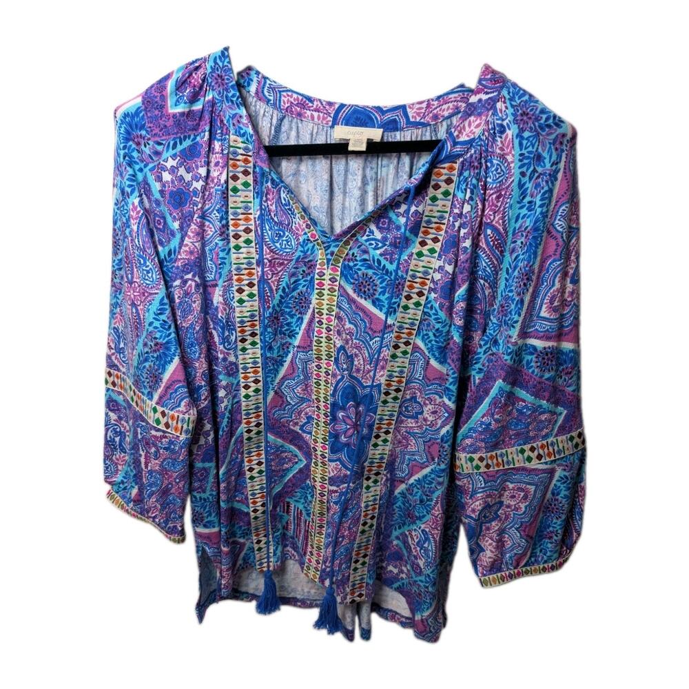Cupio blush Women's Large Peasant Boho Cottage Geometric Colorful Artsy Blouse